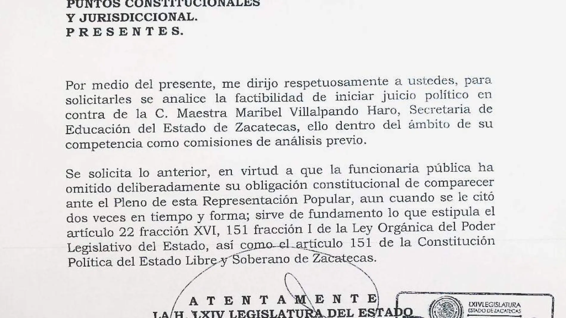 Oficio legisladores comparecencia SEZ